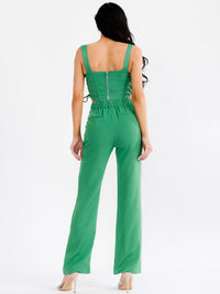 WOMEN'S SLEEVELESS LACE UP CROP TOP & BUTTON CLOSURE PANTS SOLID 2PC. SET