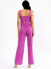 WOMEN'S SLEEVELESS LACE UP CROP TOP & BUTTON CLOSURE PANTS SOLID 2PC. SET