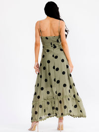 WOMEN'S SLEEVELESS SQUARE NECK TRIM DETAILED POLKA DOTS MAXI DRESS