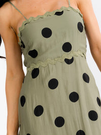WOMEN'S SLEEVELESS SQUARE NECK TRIM DETAILED POLKA DOTS MAXI DRESS