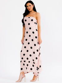 WOMEN'S SLEEVELESS SQUARE NECK TRIM DETAILED POLKA DOTS MAXI DRESS