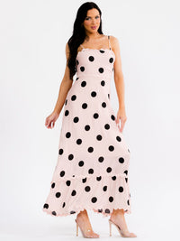WOMEN'S SLEEVELESS SQUARE NECK TRIM DETAILED POLKA DOTS MAXI DRESS