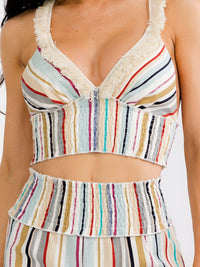 WOMEN'S HALTER NECK CROP TOP & ELASTIC WAIST SHORTS SMOCK STRIPES 2PC. SET