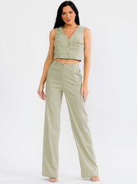 WOMEN'S SLEEVELESS CROP TO & ELASTIC WAIST PANTS CHAIN DETAIL 2PC. SET