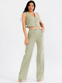 WOMEN'S SLEEVELESS CROP TO & ELASTIC WAIST PANTS CHAIN DETAIL 2PC. SET