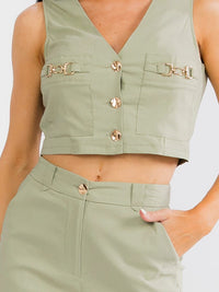 WOMEN'S SLEEVELESS CROP TO & ELASTIC WAIST PANTS CHAIN DETAIL 2PC. SET