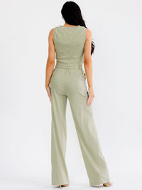 WOMEN'S SLEEVELESS CROP TO & ELASTIC WAIST PANTS CHAIN DETAIL 2PC. SET