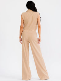 WOMEN'S SLEEVELESS CROP TO & BUTTON CLOSURE PANTS FLOWER DETAILED 2PC. SET