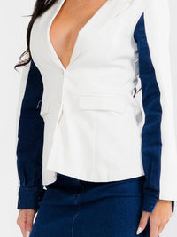 WOMEN'S LONG SLEEVE BLAZER & BUTTON CLOSURE MINI SKIRT DENIM CONTRAST 2PC. SET