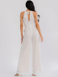 WOMEN'S SLEEVELESS HALTER NECK FRONT POCKETS WIDE LEG LACE KNIT JUMPSUIT