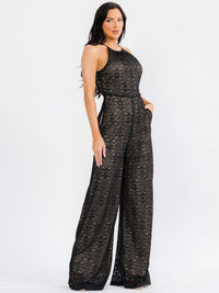 WOMEN'S SLEEVELESS HALTER NECK FRONT POCKETS WIDE LEG LACE KNIT JUMPSUIT