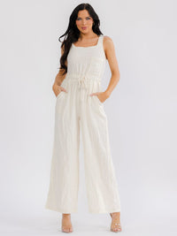 WOMEN'S SLEEVELESS SQUARE NECK FRONT POCKETS ELASTIC WAIST WIDE LEG JUMPSUIT