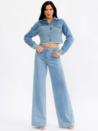 WOMEN'S LONG SLEEVE JACKET & BUTTON CLOSURE PANTS STUDS DENIM 2PC. SET