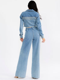 WOMEN'S LONG SLEEVE JACKET & BUTTON CLOSURE PANTS STUDS DENIM 2PC. SET