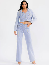 WOMEN'S LONG SLEEVE JACKET & BUTTON CLOSURE PANTS PEARL DENIM 2PC. SET