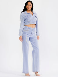WOMEN'S LONG SLEEVE JACKET & BUTTON CLOSURE PANTS PEARL DENIM 2PC. SET
