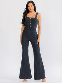 WOMEN'S SLEEVELESS SQUARE NECK FRONT POCKETS BELL LEG STRETCH DENIM JUMPSUIT