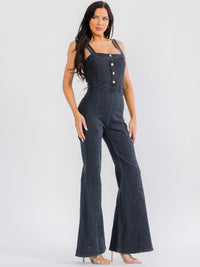 WOMEN'S SLEEVELESS SQUARE NECK FRONT POCKETS BELL LEG STRETCH DENIM JUMPSUIT