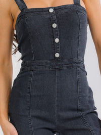 WOMEN'S SLEEVELESS SQUARE NECK FRONT POCKETS BELL LEG STRETCH DENIM JUMPSUIT