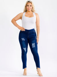 PLUS SIZE ELASTIC WAIST POCKETS STRETCH DENIM DISTRESS WASHED SKINNY JEGGINGS