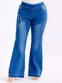 PLUS SIZE ELASTIC WAIST POCKETS STRETCH DISTRESS WASH DENIM BELL LEG JEGGINGS