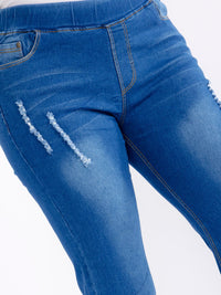 PLUS SIZE ELASTIC WAIST POCKETS STRETCH DISTRESS WASH DENIM BELL LEG JEGGINGS
