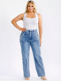 PLUS SIZE BUTTON CLOSURE ELASTIC WAIST POCKETS WASHED WIDE LEG DENIM PANTS