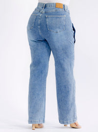 PLUS SIZE BUTTON CLOSURE ELASTIC WAIST POCKETS WASHED WIDE LEG DENIM PANTS