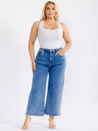 PLUS SIZE BUTTON CLOSURE ELASTIC WAIST POCKETS WIDE LEG DENIM PANTS