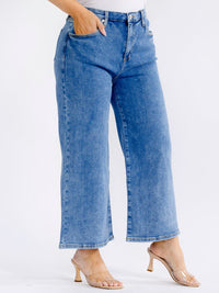 PLUS SIZE BUTTON CLOSURE ELASTIC WAIST POCKETS WIDE LEG DENIM PANTS