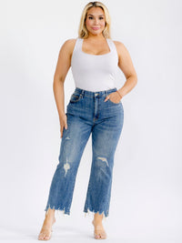 PLUS SIZE BUTTON CLOSURE ELASTIC WAIST POCKETS WASHED WIDE LEG DISTRESS DENIM PANTS