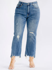 PLUS SIZE BUTTON CLOSURE ELASTIC WAIST POCKETS WASHED WIDE LEG DISTRESS DENIM PANTS