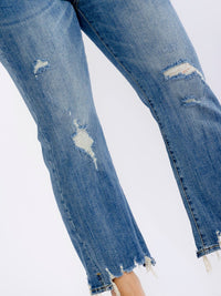 PLUS SIZE BUTTON CLOSURE ELASTIC WAIST POCKETS WASHED WIDE LEG DISTRESS DENIM PANTS