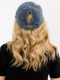 WOMEN'S ASSORTED COLORS ADJUSTABLE STRAP STARS DISTRESS PONYTAIL SLOT HATS