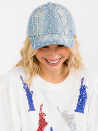 WOMEN'S ASSORTED PEARL DENIM WASHED ADJUSTABLE STRAP BASEBALL CAPS