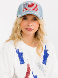 WOMEN'S ASSORTED USA STUDS DENIM WASHED ADJUSTABLE STRAP BASEBALL CAPS