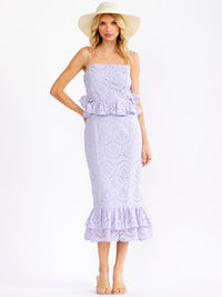 JUST ME WOMEN'S SLEEVELESS TIERED RUFFLE EYELET BODYCON MAXI DRESS