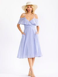 JUST ME WOMEN'S OFF SHOULDER V-NECK FIT & FLARE MIDI DRESS