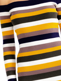 JUST ME WOMEN'S LONG SLEEVE OFF SHOULDER COLORBLOCK STRIPES RIBBED BODYCON MINI DRESS