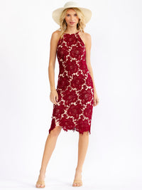 JUST ME WOMEN'S SLEEVELESS FLORAL CROCHET BODYCON MINI DRESS