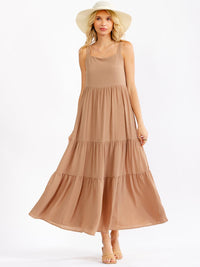 WOMEN'S SLEEVELESS SQUARE NECK FRONT POCKETS TIERED MAXI DRESS