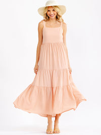 WOMEN'S SLEEVELESS SQUARE NECK FRONT POCKETS TIERED MAXI DRESS