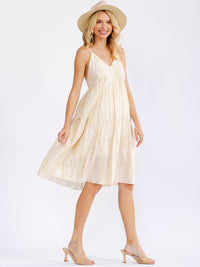 WOMEN'S SLEEVELESS FRONT POCKETS V-NECK OPEN BACK STRIPES MIDI DRESS