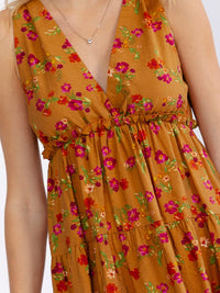 WOMEN'S SLEEVELESS V-NECK ELASTIC WAIST FLORAL MINI DRESS