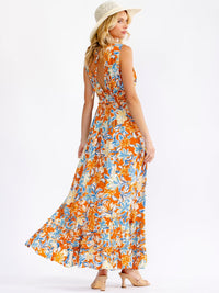WOMEN'S SLEEVELESS V-NECK ELASTIC WAIST TIERED FLORAL MAXI DRESS