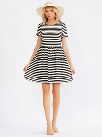 JUST ME WOMEN'S SHORT SLEEVE FIT & FLARE COLORBLOCK STRIPES MINI DRESS