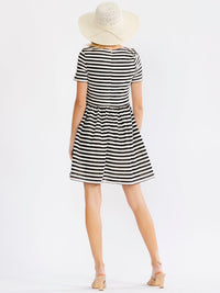 JUST ME WOMEN'S SHORT SLEEVE FIT & FLARE COLORBLOCK STRIPES MINI DRESS