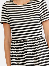 JUST ME WOMEN'S SHORT SLEEVE FIT & FLARE COLORBLOCK STRIPES MINI DRESS