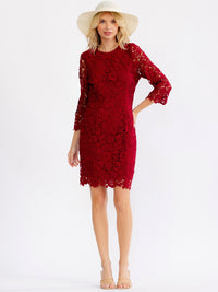 JUST ME WOMEN'S 3/4 SLEEVE OPEN BACK FLORAL CROCHET BODYCON MINI DRESS