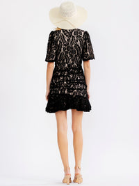 JUST ME WOMEN'S SHORT SLEEVE V-NECK RUCHED BODYCON RUFFLE LACE MINI DRESS